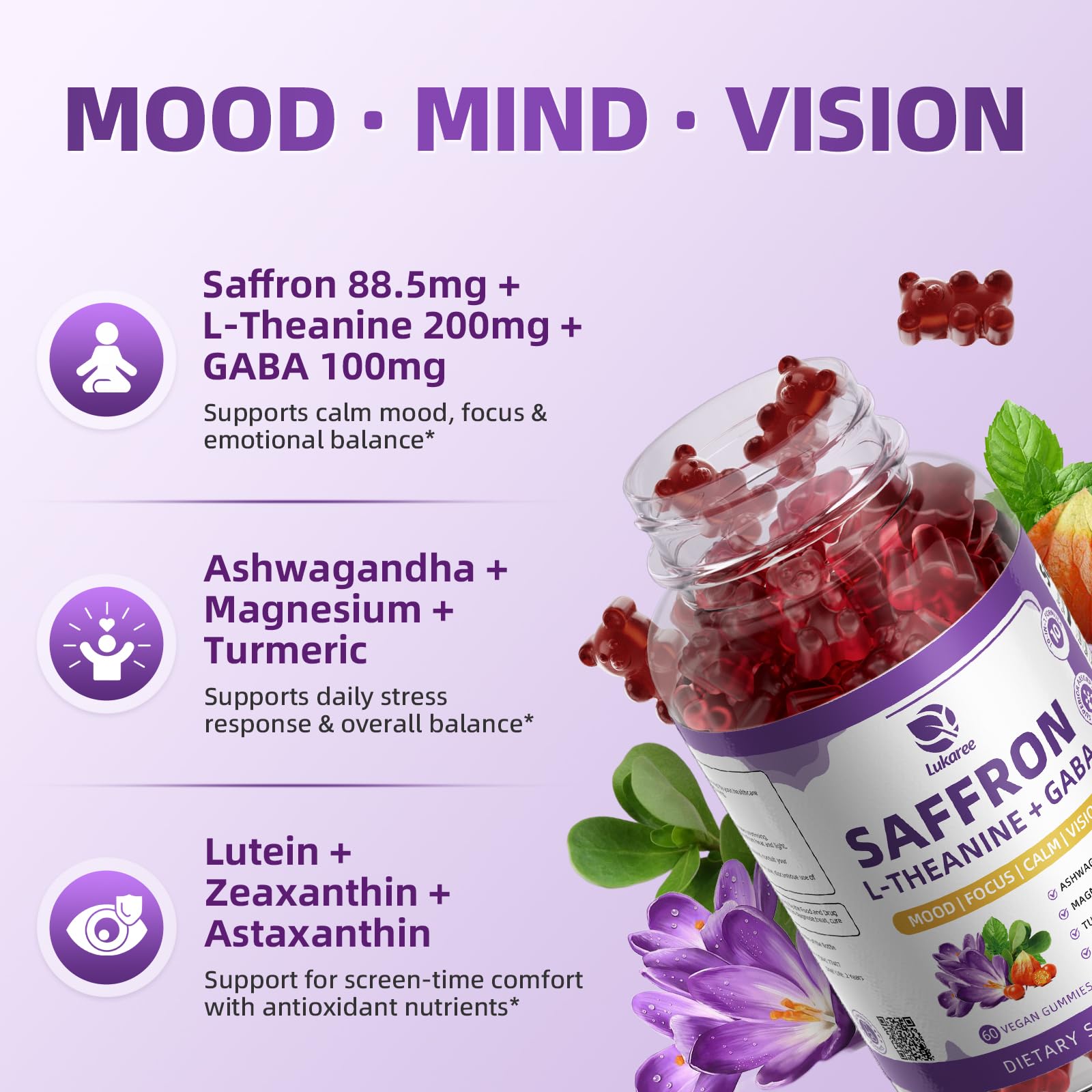 10-in-1 Saffron Supplements Gummies - Saffron Extract 88.5 mg with L-Theanine, GABA, Ashwagandha, Turmeric,Magnesium – Mood, Focus, Vision Support & Cortisol Balance, Sugar Free, Vegan, 60 Counts LukareeBuy Supplements Australia