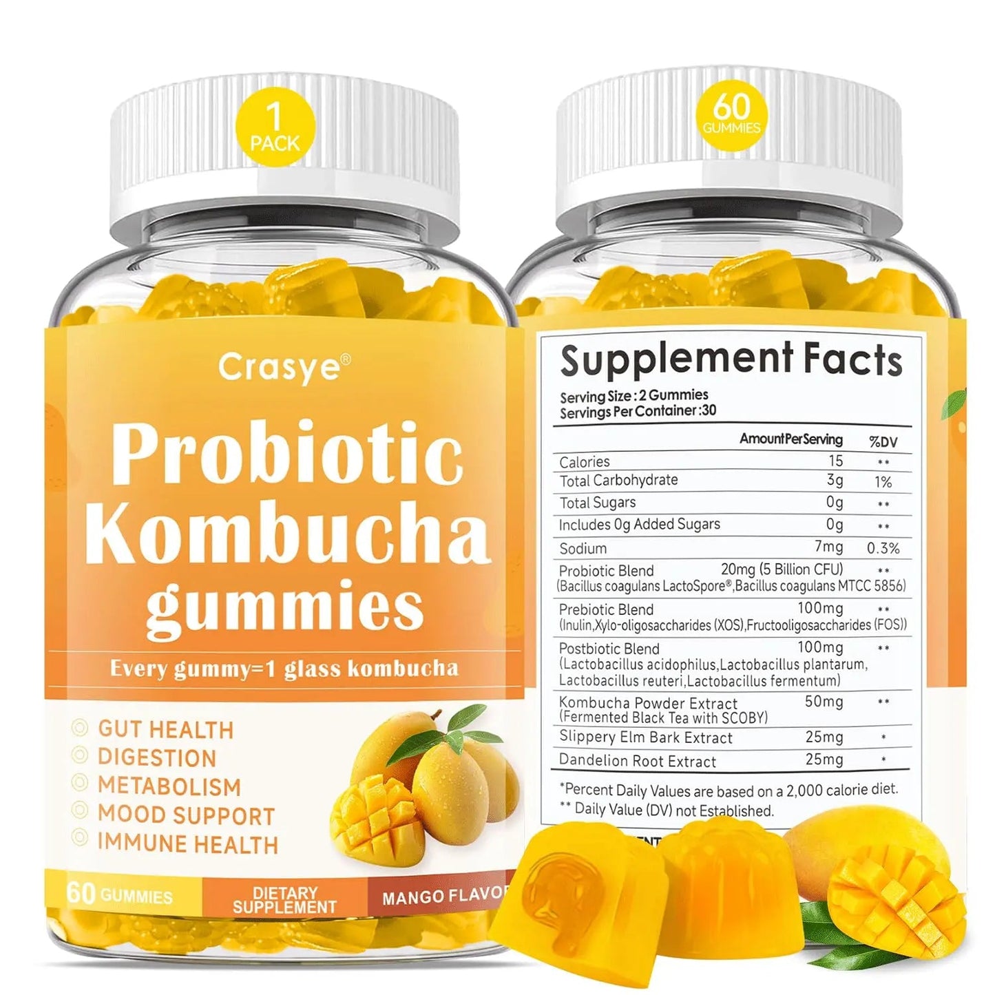 Crasye Probiotic Kombucha Gummies Sugar Free Prebiotic Postbiotic Probiotics Gummies with Slippery Elm for Women and Men Bloating Gut Health Immune and Digestive Support - 60 Gummies - 30 Servings CrasyeBuy Supplements Australia