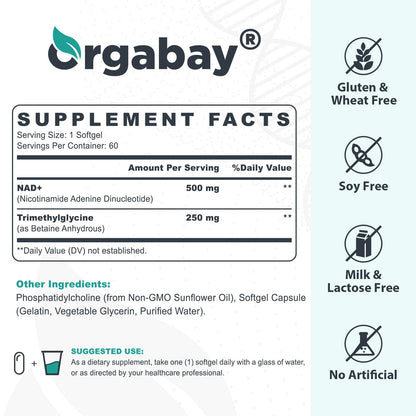 Orgabay Liposomal NAD+ Supplement 500 mg, High Absorption, Boost NAD+ with TMG 250 mg, Actual NAD Plus More Efficient Than Nicotinamide Riboside, Support Cellular Energy, Healthy Aging | 180 Softgels OrgabayBuy Supplements Australia