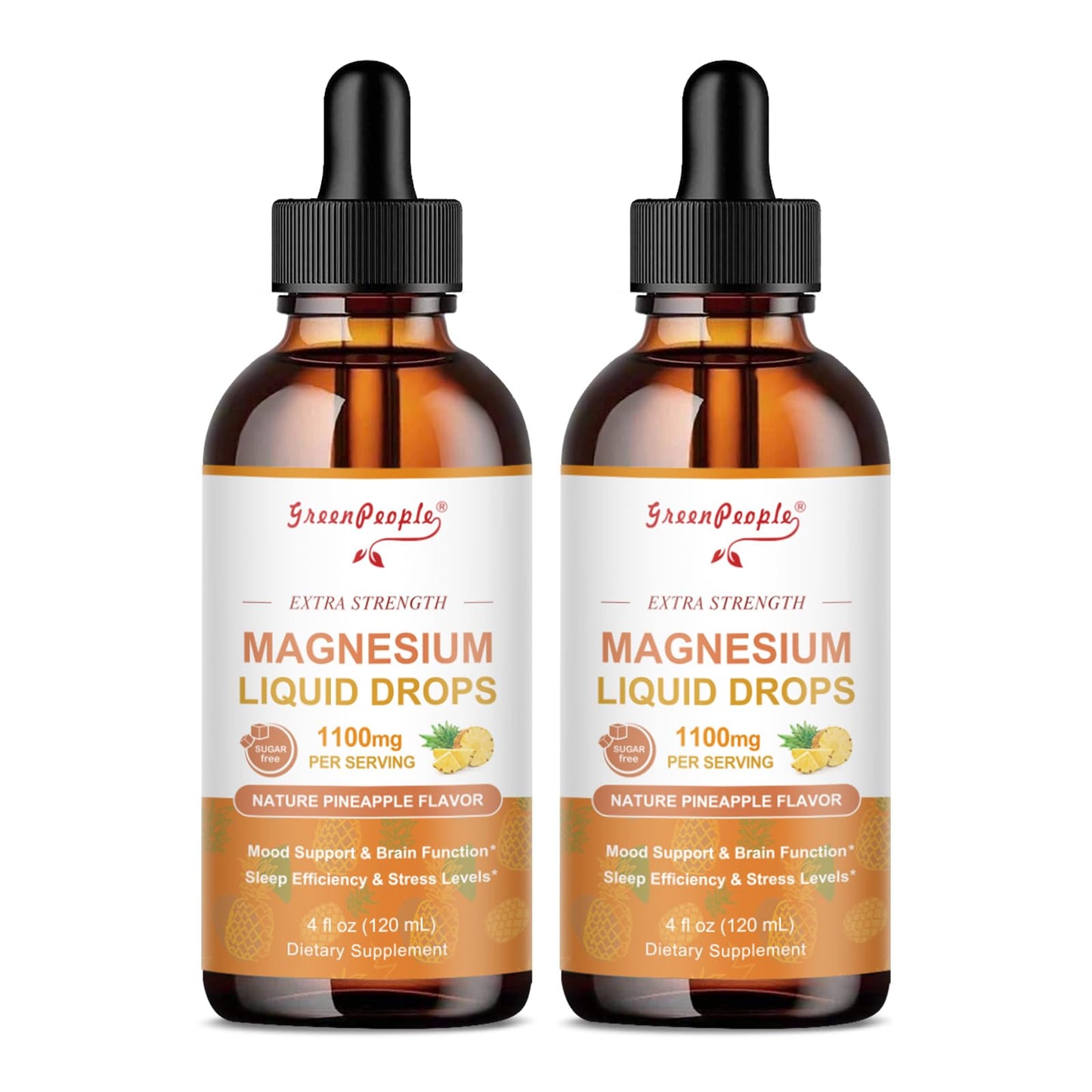Two bottles of Green People magnesium liquid drops on a white background