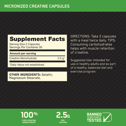 Optimum Nutrition Micronized Creatine Monohydrate Capsules, Keto Friendly, 2500mg, 100 Capsules Optimum NutritionBuy Supplements Australia