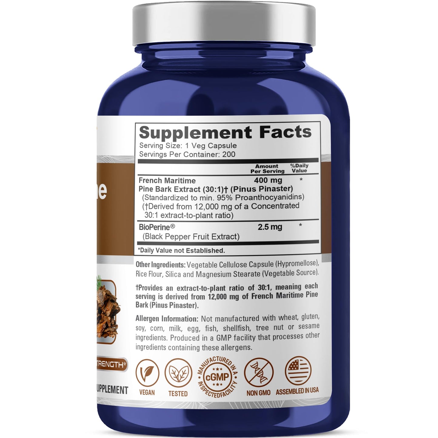 NusaPure French Maritime Pine Bark 30:1 Extract, 400 mg Equivalent to 12,000 mg Per Veggie Caps 200-Day Supply, Bioperine (Non-GMO & Vegan) NusaPureBuy Supplements Australia