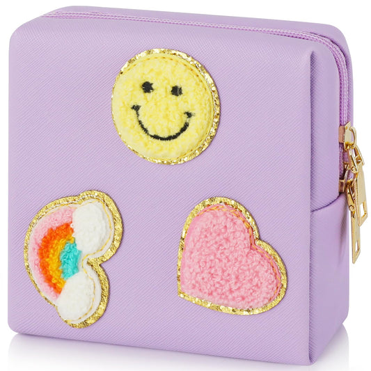 Preppy Patch Period Bag for Teen Aged Girls, Sanitary Napkin Storage Bag, Functional PU Leather Sanitary