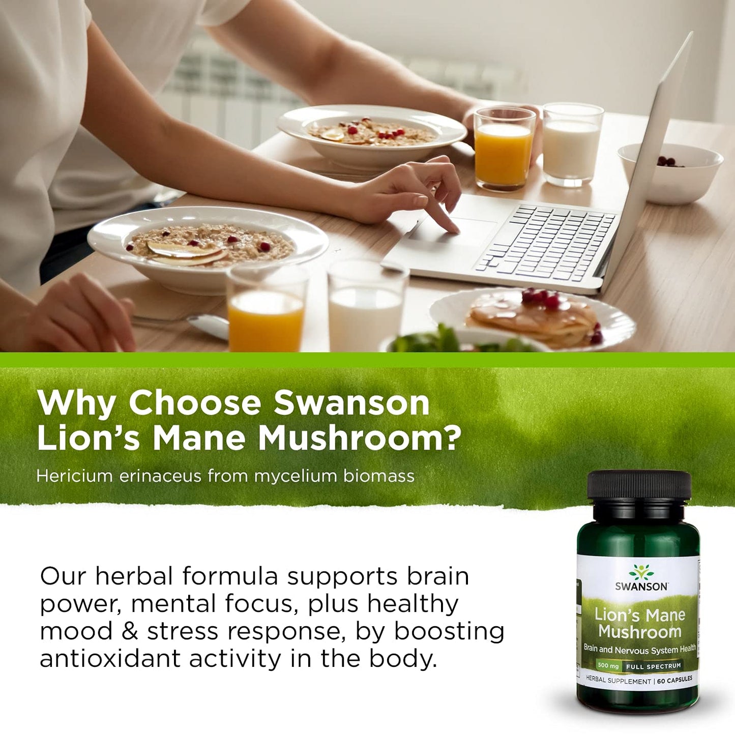 Swanson Lion's Mane Mushroom Capsules - 500 mg Each, 60 Capsules -