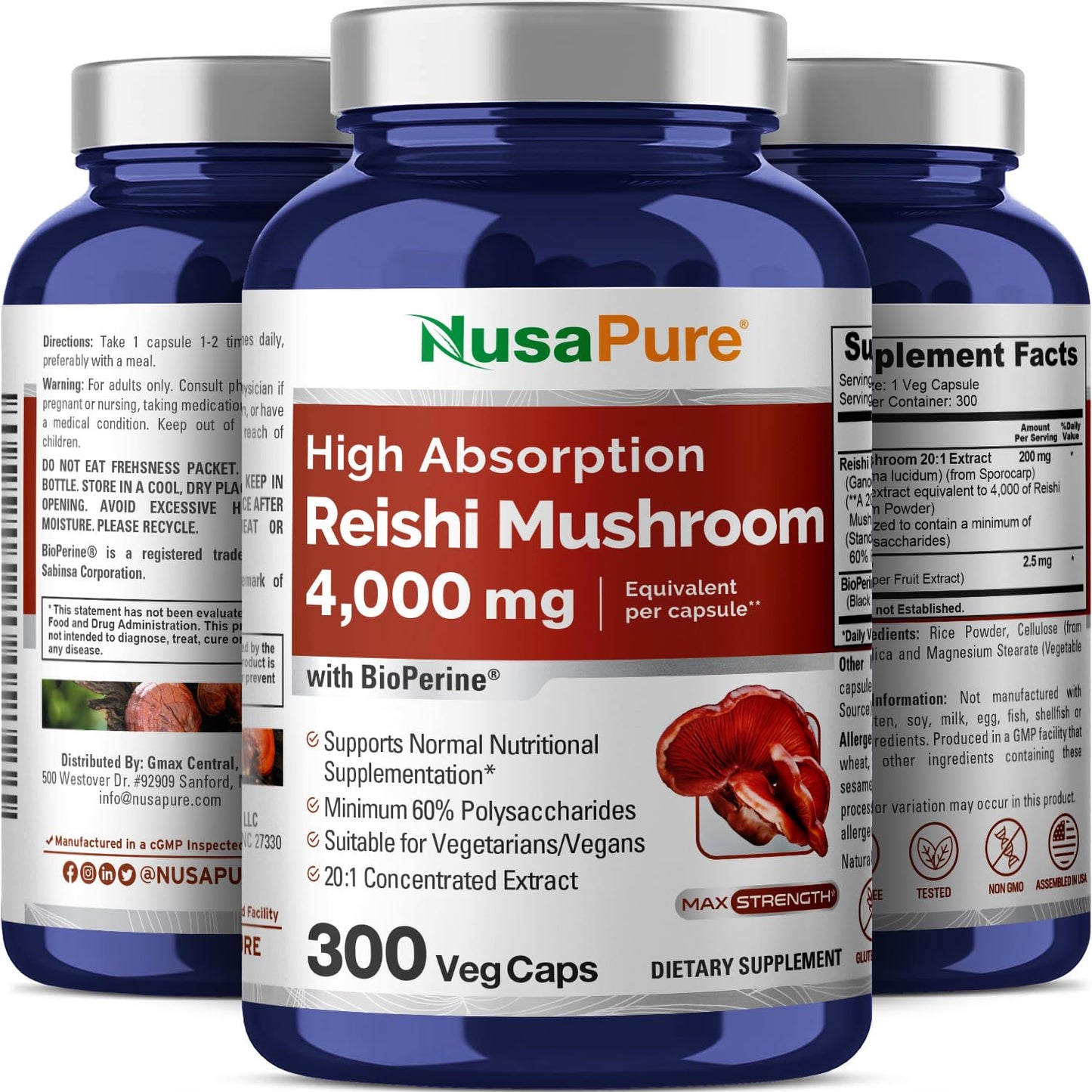 NusaPure Reishi Mushroom Extract 20:1 Extract, 200 mg Equivalent to 4000mg per Capsule 300 Veggie Caps Vegan, Non-GMO, Vegan NusaPureBuy Supplements Australia
