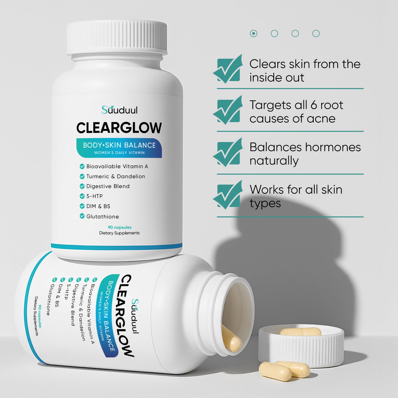 Clear Skin Supplement & Acne Supplement with Vitamin A, DIM, Milk Thistle – Hormonal Balance, Liver Detox & Antioxidant Support – Glutathione, Turmeric, Dandelion – Natural Skin Formula 90 Capsules SUUDUULBuy Supplements Australia