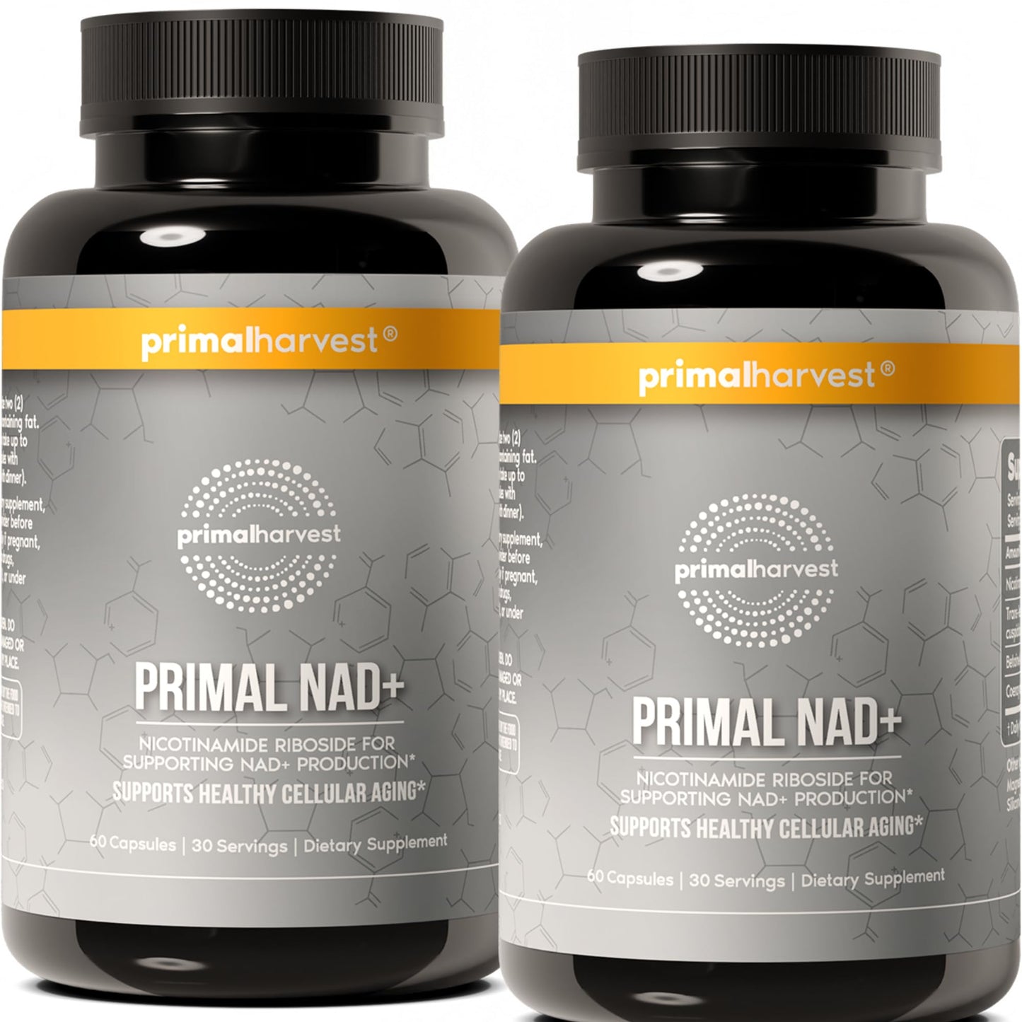 Two bottles of Primal NAD+ supplement by Primalharvest on a white background