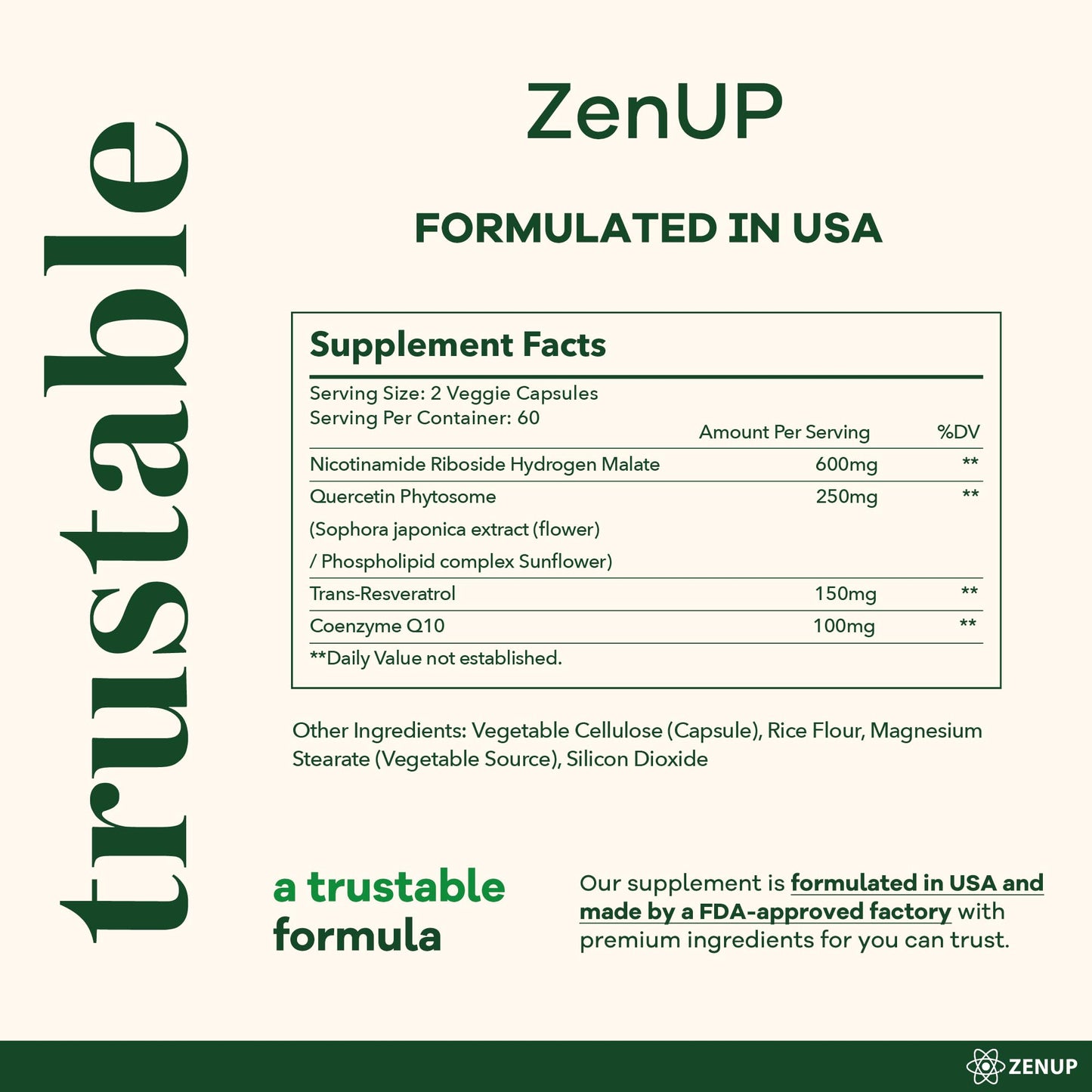 ZenUP NAD+ Supplement | 1100mg Liposomal Nicotinamide Riboside with Resveratrol & Quercetin | Anti-Aging, Cellular Energy, Mental Focus | 120 Caps ZenUPBuy Supplements Australia