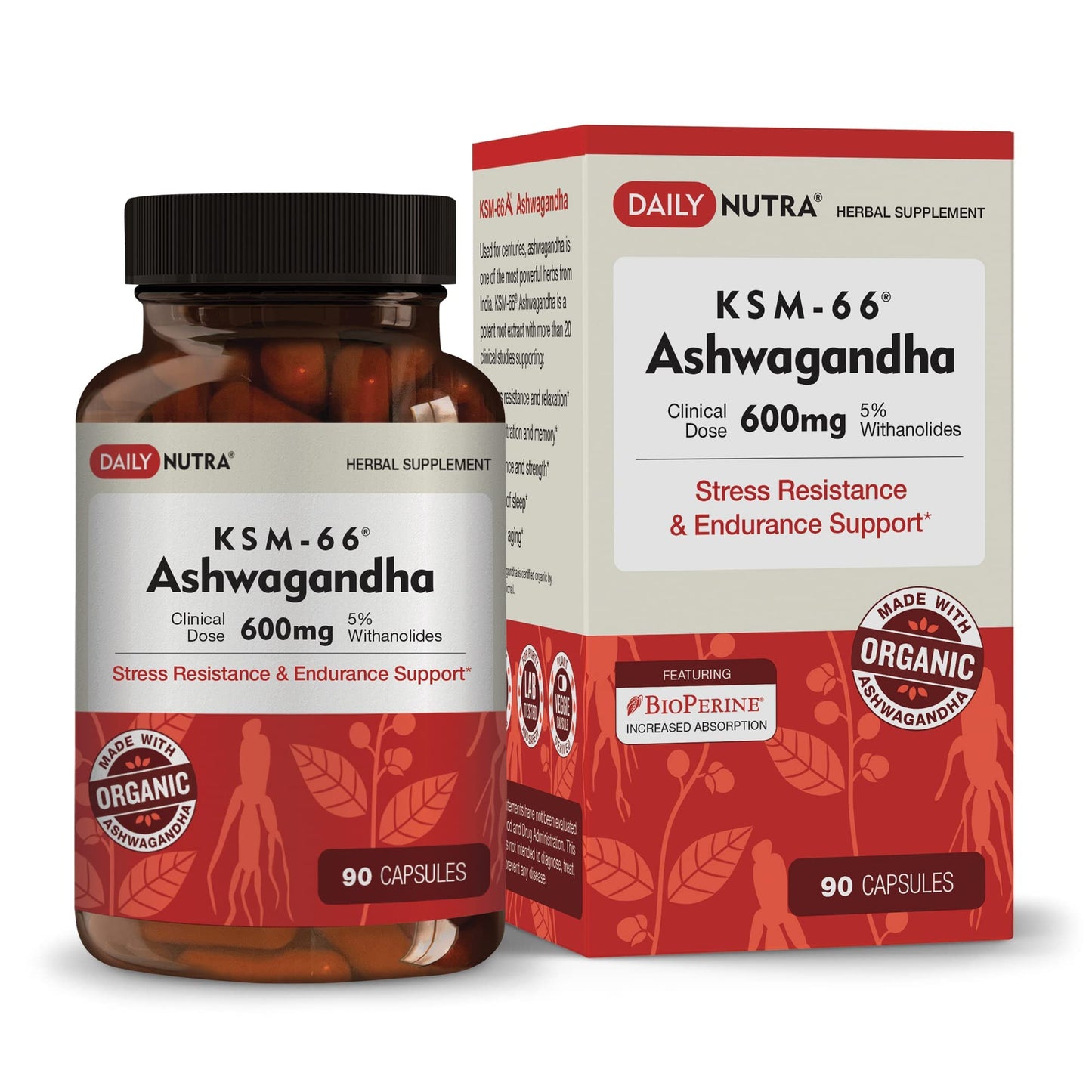 DailyNutra KSM-66 Ashwagandha 600mg Organic Root Extract - High Potency Supplement with 5% Withanolides | Relieves Tiredness, Supports Relaxation, Focus, Energy, & Muscle Growth (90 Capsules) DailyNutraBuy Supplements Australia
