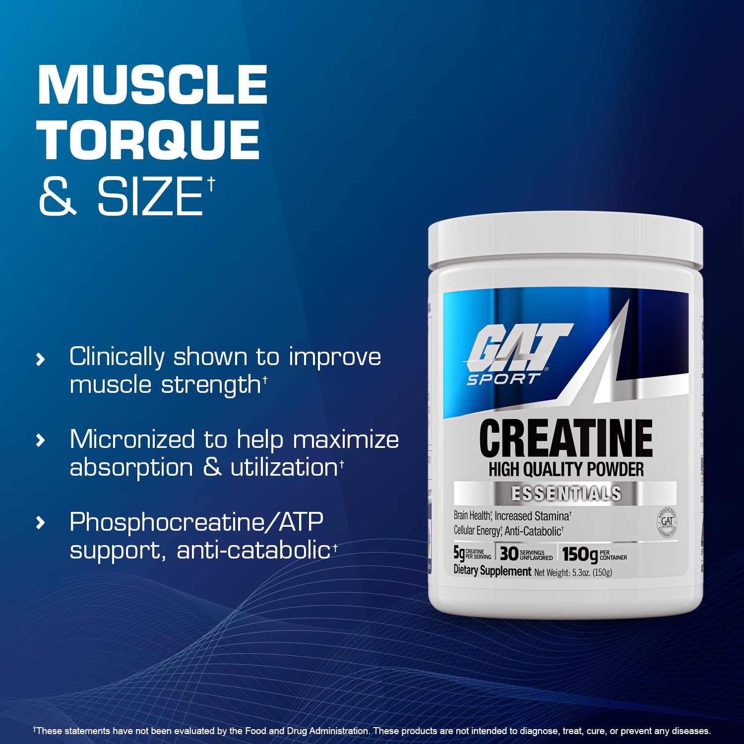 GAT SPORT Creatine Monohydrate Powder, 150 Grams, Strength, Brain Health, GLP1 Support Anti-oxidant, Endurance, for Men & Women, 1 Month Supply, Unflavored (30 Servings) GAT SPORTBuy Supplements Australia