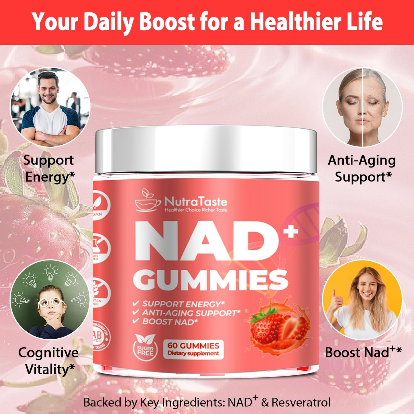 NUTRATASTE HEALTHIER CHOICE RICHER TASTE NAD⁺ Gummies Supplement for Anti-Aging, Energy & Focus Boost | Resveratrol, Nicotinamide Riboside | Strawberry Flavor, Vegan, Sugar-Free,60 Count (Pack of 1) NUTRATASTE HEALTHIER CHOICE RICHER TASTEBuy Supplements Australia