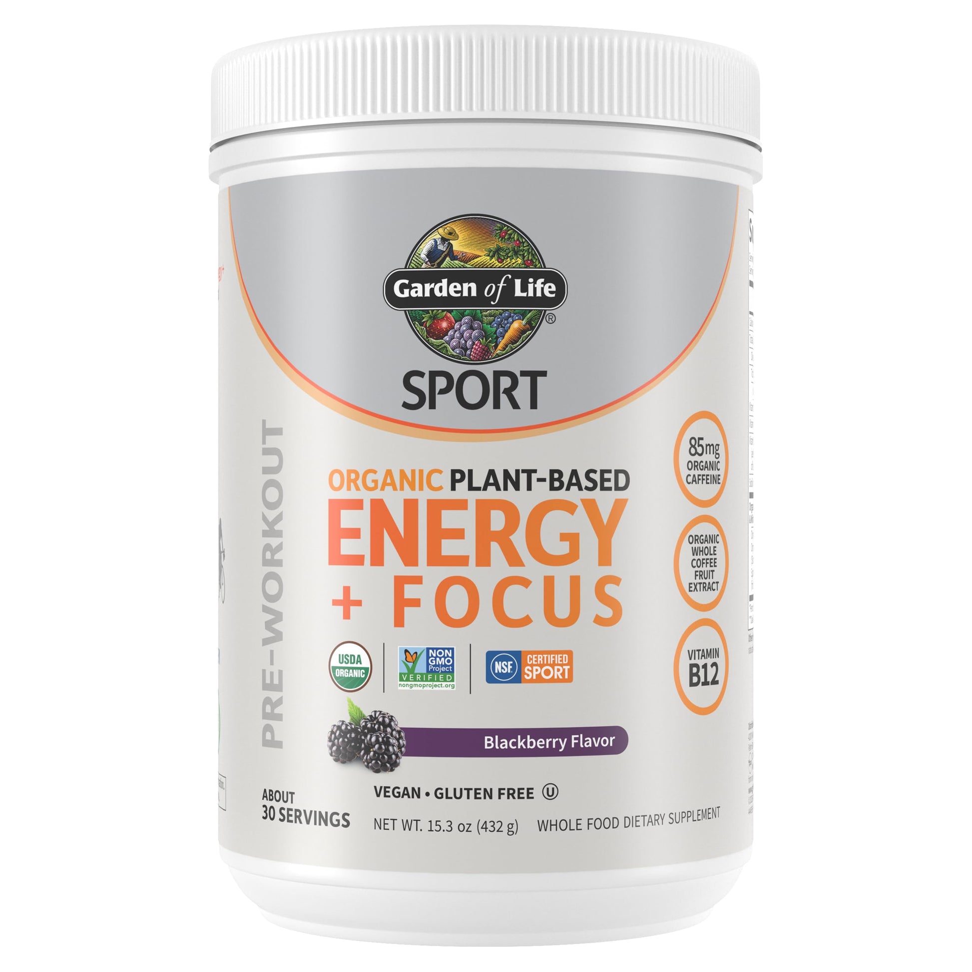 Garden of Life Sport Organic Plant Based Energy + Focus Clean Pre Workout Powder, with 85mg Caffeine, Natural No Booster, B12, Vegan, Gluten Free, Non-GMO, BlackBerry, 15.3 Oz Garden of LifeBuy Supplements Australia