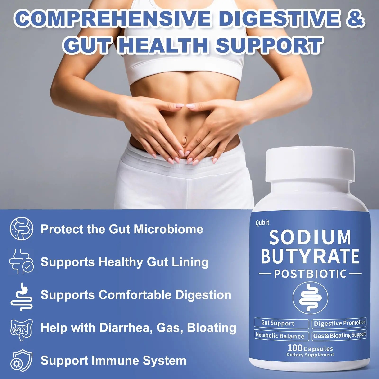 Sodium Butyrate Supplement – Postbiotic for Gut Health, Supports Digestion, IBS, Leaky Gut & Stomach Comfort – Low Odor, Easy to Swallow, No Side Effects – 100 Vegan Capsules QUBITBuy Supplements Australia