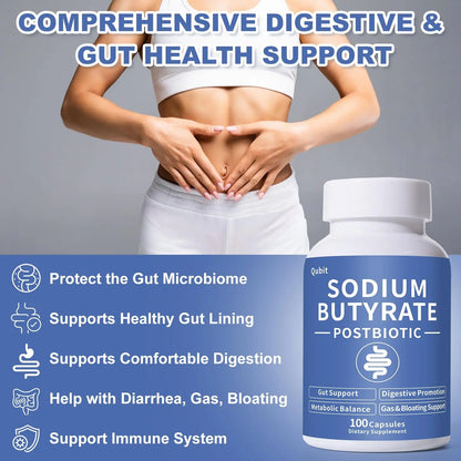 Sodium Butyrate Supplement – Postbiotic for Gut Health, Supports Digestion, IBS, Leaky Gut & Stomach Comfort – Low Odor, Easy to Swallow, No Side Effects – 100 Vegan Capsules QUBITBuy Supplements Australia