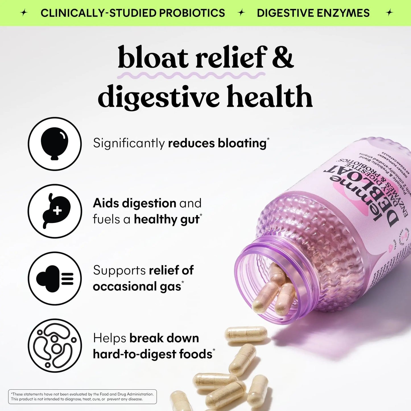 Lemme Debloat 3-in-1 Prebiotic, Probiotic & Digestive Enzyme Capsules for Bloating & Gas Relief - 2 Clinically Studied Probiotics w/5 Digestive Enzymes to Improve Digestion, Women & Men, (60 Count) LemmeBuy Supplements Australia