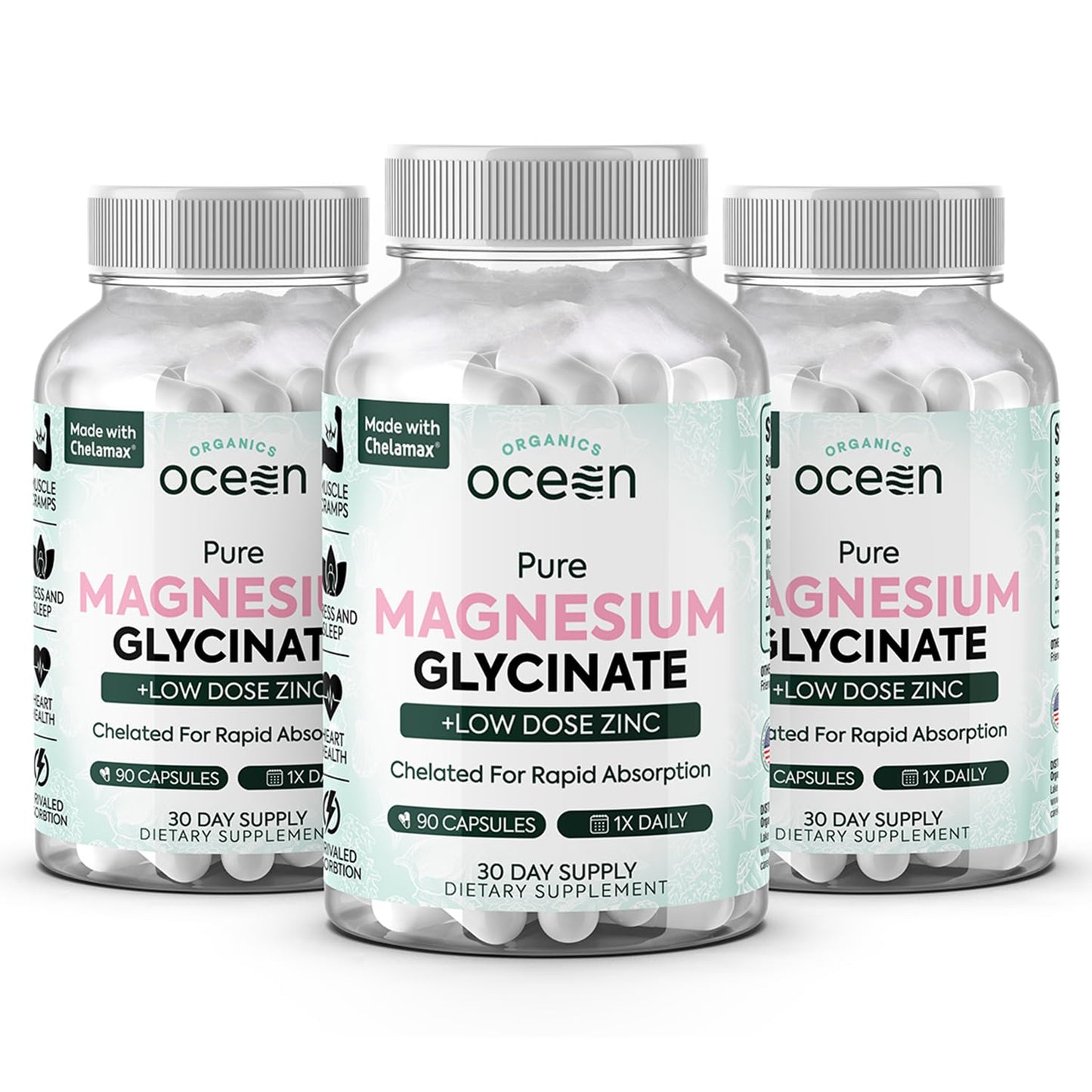 Organics Ocean Pure Magnesium Glycinate with Zinc - Maximum Strength Chelated Magnesium Supplement for Women and Men for Muscle Cramps and Sleep Support - 3 Bottles Organics OceanBuy Supplements Australia