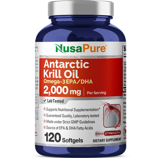NusaPure Antarctic Krill Oil 2000 mg 120 Softgels, Omega-3 EPA 360mg, DHA 240mg, Soyfree Astaxanthin Supplement Sourced from Krill 800ppm NusaPureBuy Supplements Australia