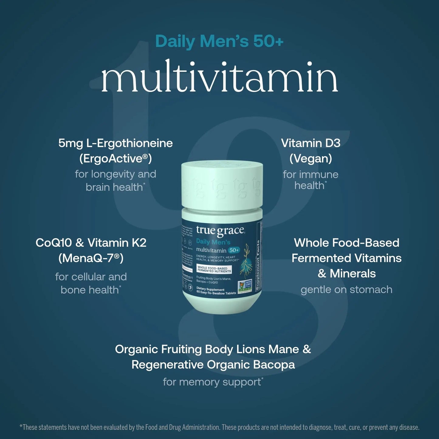 True Grace Daily Men’s Multivitamin 50+ - 60 Easy-to-Swallow Tablets - Immune, Energy, Longevity & Memory Support True Grace
