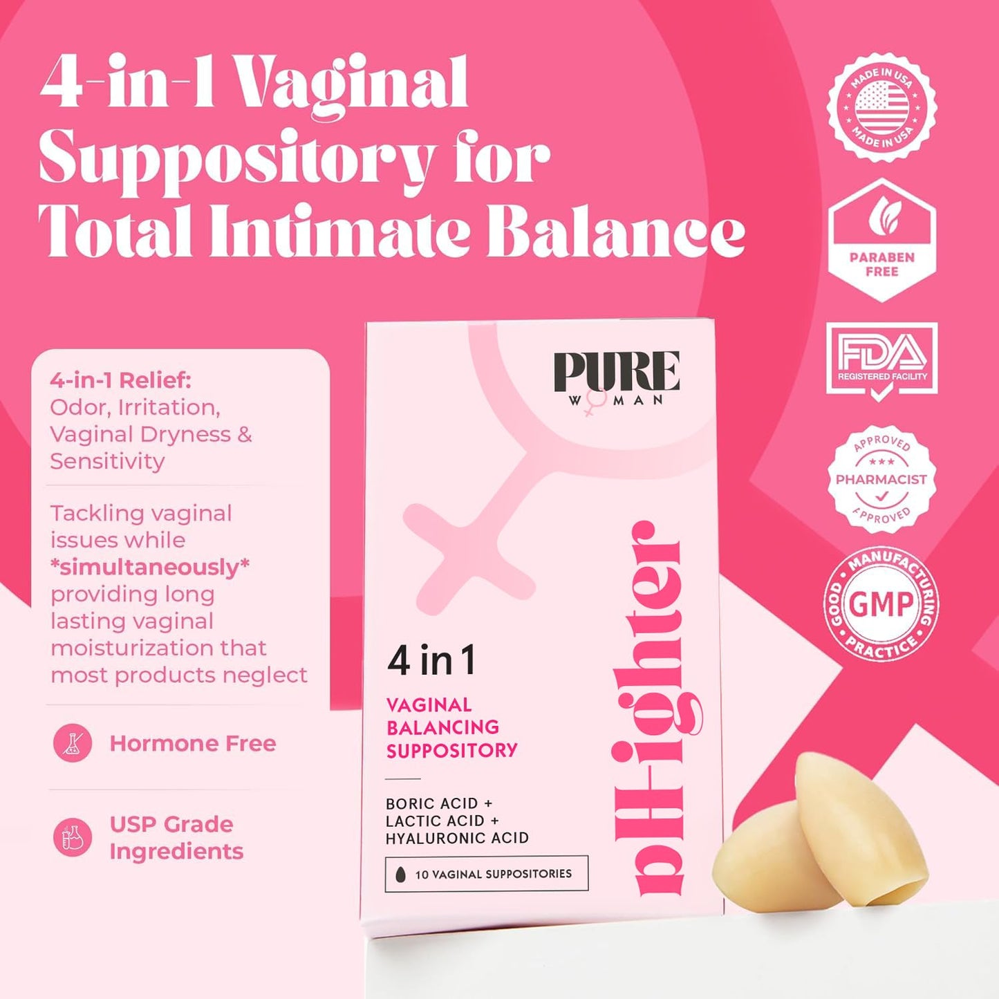 PURE WOMAN - pH-ighter Vaginal Boric Acid Suppositories for Women - Hyaluronic Acid - 4 in 1 Vaginal Suppositories for Discomfort, Dryness, Odor & pH Balance- Full Vaginal Health Care - 10ct PURE WOMANBuy Supplements Australia