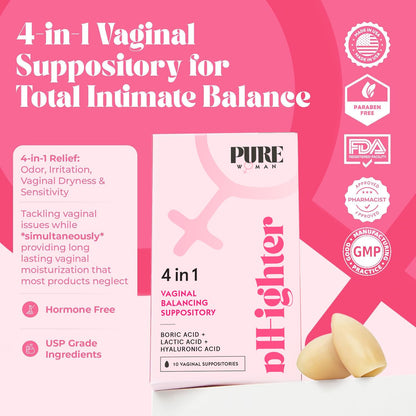 PURE WOMAN - pH-ighter Vaginal Boric Acid Suppositories for Women - Hyaluronic Acid - 4 in 1 Vaginal Suppositories for Discomfort, Dryness, Odor & pH Balance- Full Vaginal Health Care - 10ct PURE WOMANBuy Supplements Australia