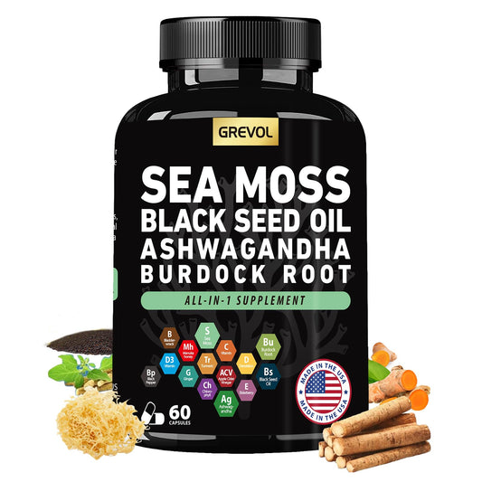 Sea Moss Black Seed Oil Ashwagandha Bladderwrack Burdock Root Turmeric & Vitamin C D3 Elderberry ACV Black Pepper - Multimineral Supplement - 60 Count GrevolBuy Supplements Australia