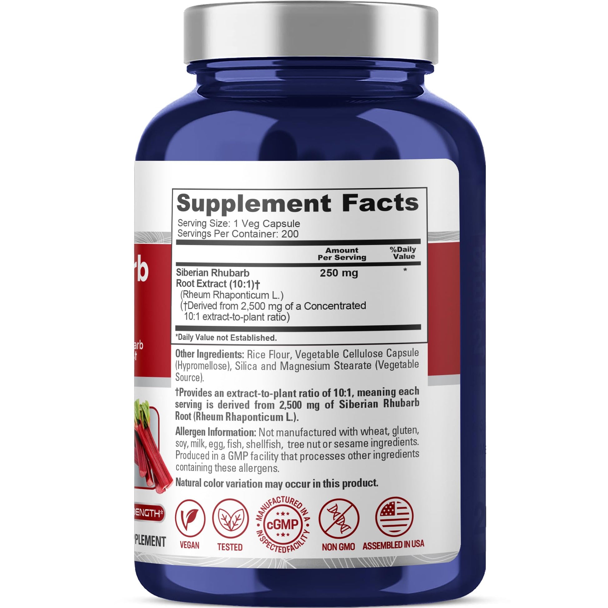 NusaPure Siberian Rhubarb 10:1 Extract, 250 mg Equivalent to 2,500mg - 200 Veggie Capsules (Vegetarian, Non-GMO, Vegan) NusaPureBuy Supplements Australia
