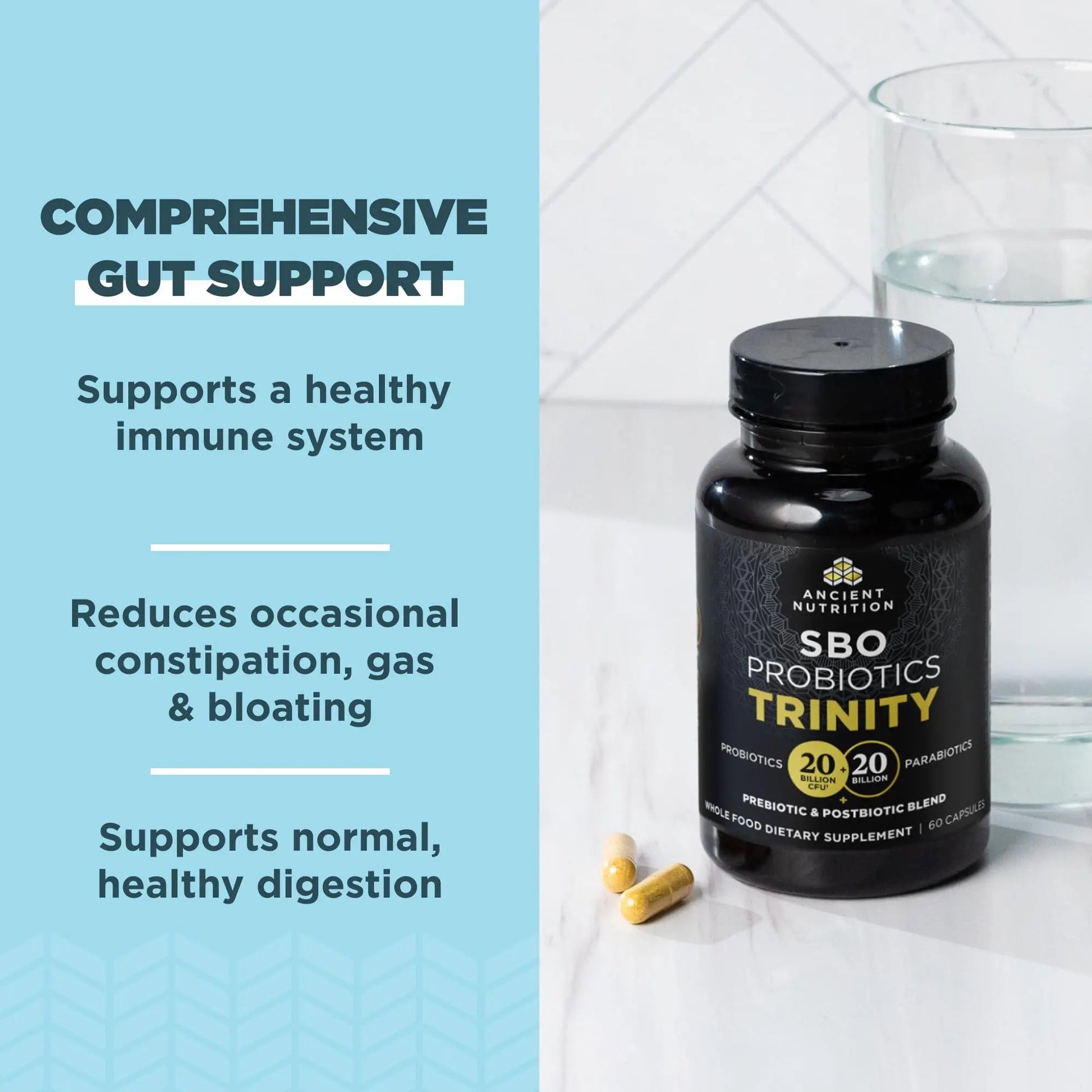 Ancient Nutrition SBO Probiotic Trinity Daily Care, Probiotics for Digestive Health, 40 Billion Blend of Prebiotics, Probiotics, Postbiotics, and Parabiotics Reduces Occasional Bloating, 60 Count Ancient NutritionBuy Supplements Australia