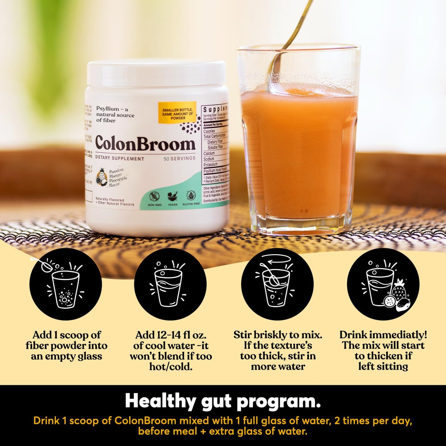 ColonBroom Psyllium Husk Powder with Stevia (Tropical Fruits) - Colon Cleanse for Bloating Relief & Gut Health - Colon Broom Fiber Powder Drink - Vegan Fiber Powder Stevia Supplement, 100 Servings ColonBroomBuy Supplements Australia