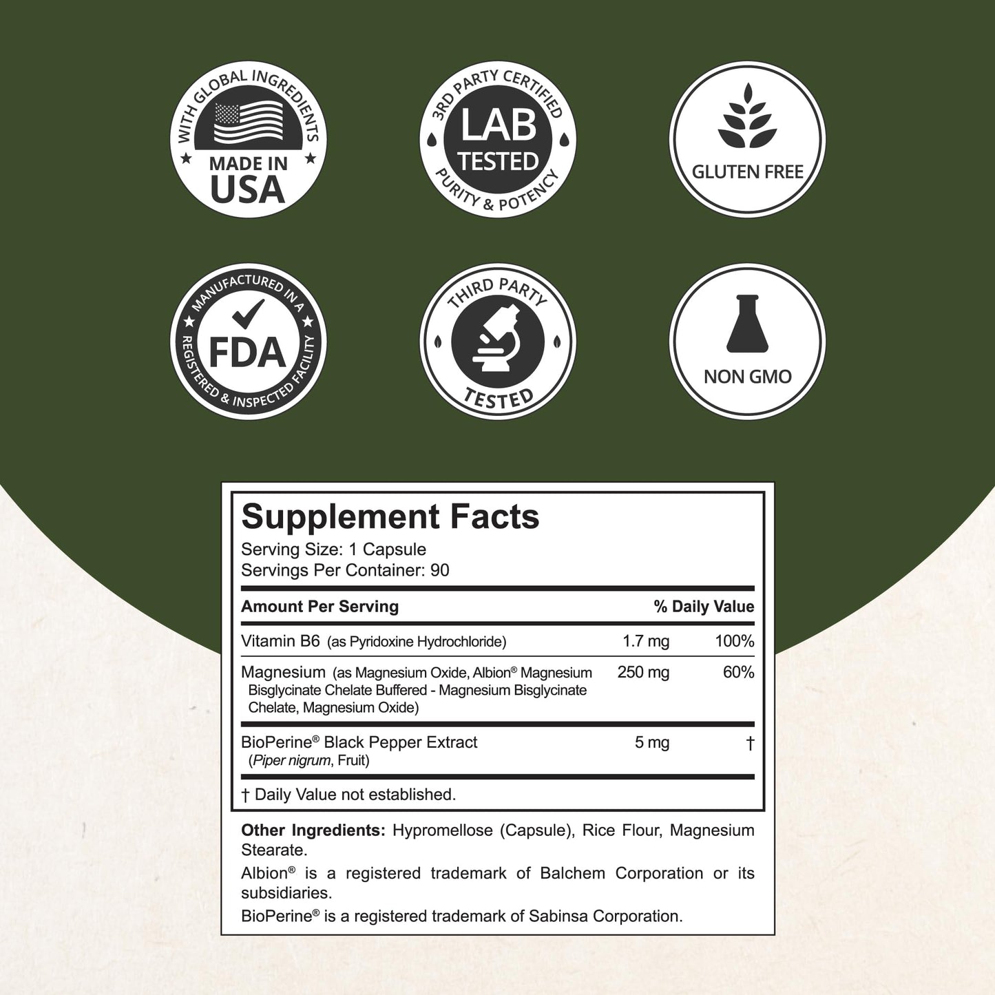 Magnesium Glycinate Chelate Complex with Albion Magnesium Bisglycinate Chelate, Vitamin B6 & BioPerine for Bone, Muscle, Natural Sleep,