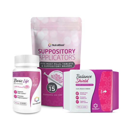 NutraBlast Boric Acid Suppositories 600mg (30 Count) Bundle with Disposable Applicators (15-Pack) and Balance Shield Panty Liners (180mm, 20-Pack) NutraBlastBuy Supplements Australia