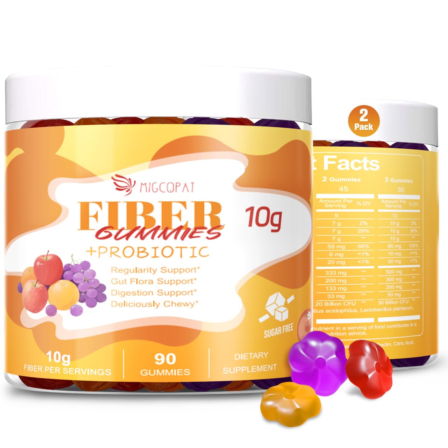 Migcopat 10G Fiber Gummies for Adults - Support Digestive Health - Fiber Supplement with 30 Billion CFU Probiotics Blend, ACV, Vitamin C, Inulin - No Sugar Added - Fruit Flavored - 180 Count
