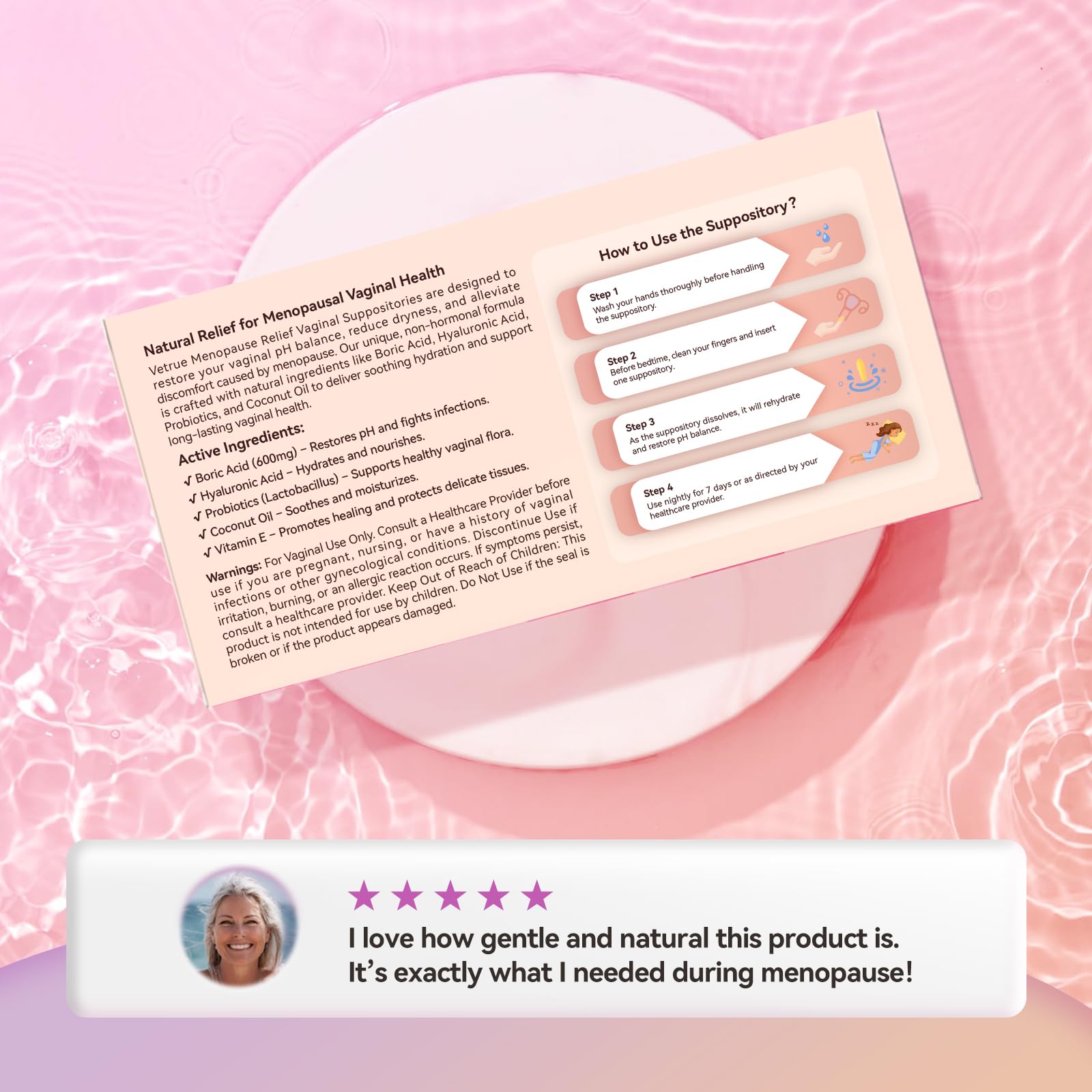 Vetrue Menopause Relief Vaginal Suppositories, Non-Hormonal, All-Natural Formula with Boric Acid, Hyaluronic Acid, Probiotics, Coconut Oil & Vitamin E, Soothes Vaginal Dryness & Discomfort(12 Inserts) vetrueBuy Supplements Australia