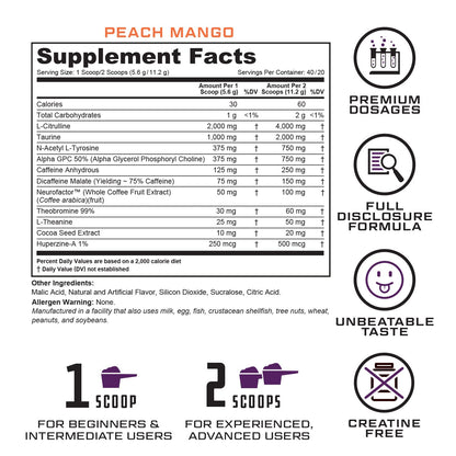 Prevail Pre Workout Powder with Nootropics: Pre Workout for Men and Women, Cutting Edge Energy and Focus Supplement with L Citrulline, Alpha GPC, L Tyrosine, Neurofactor | Peach Mango, 40 Servings Cutler NutritionBuy Supplements Australia
