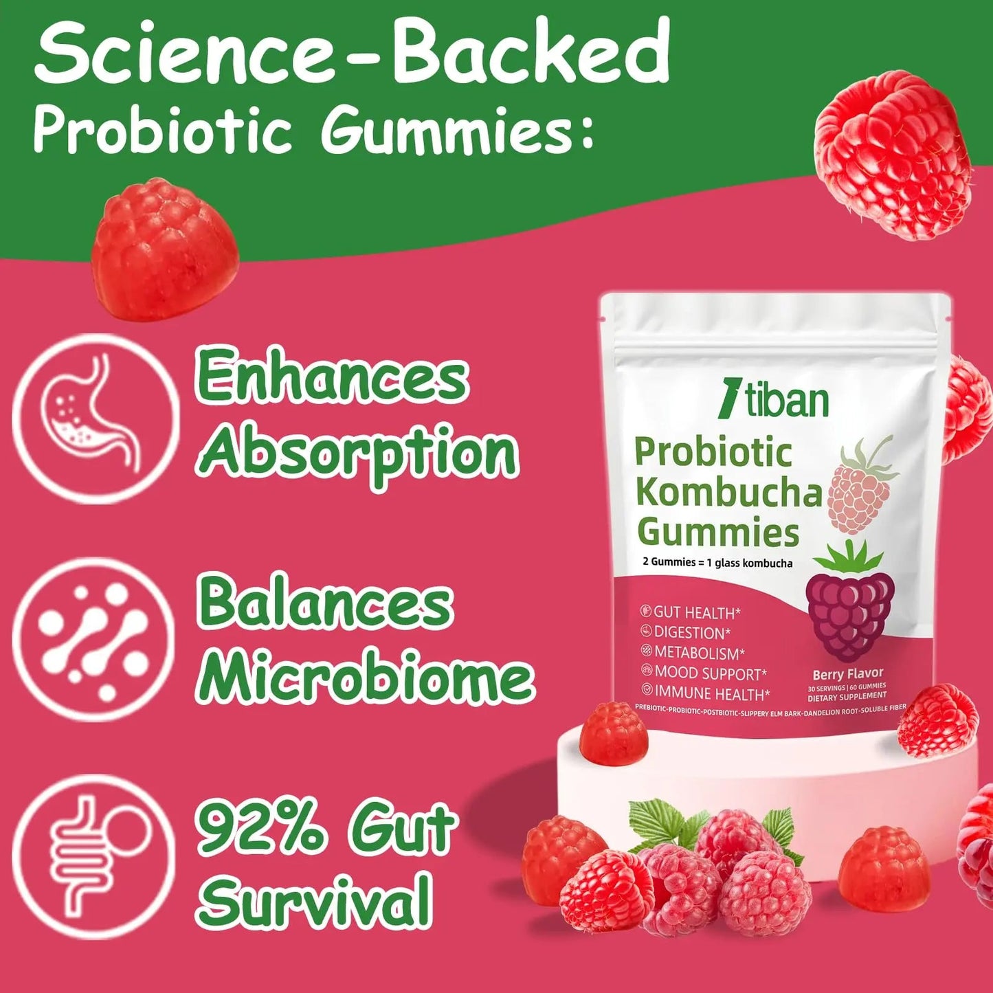 Itiban Probiotic Kombucha Gummy - Prebiotics, Probiotics, Postbiotics, Fiber Supplement, Slippery Elm for Bloating, Gut Health, Women and Men, 60ct ItibanBuy Supplements Australia