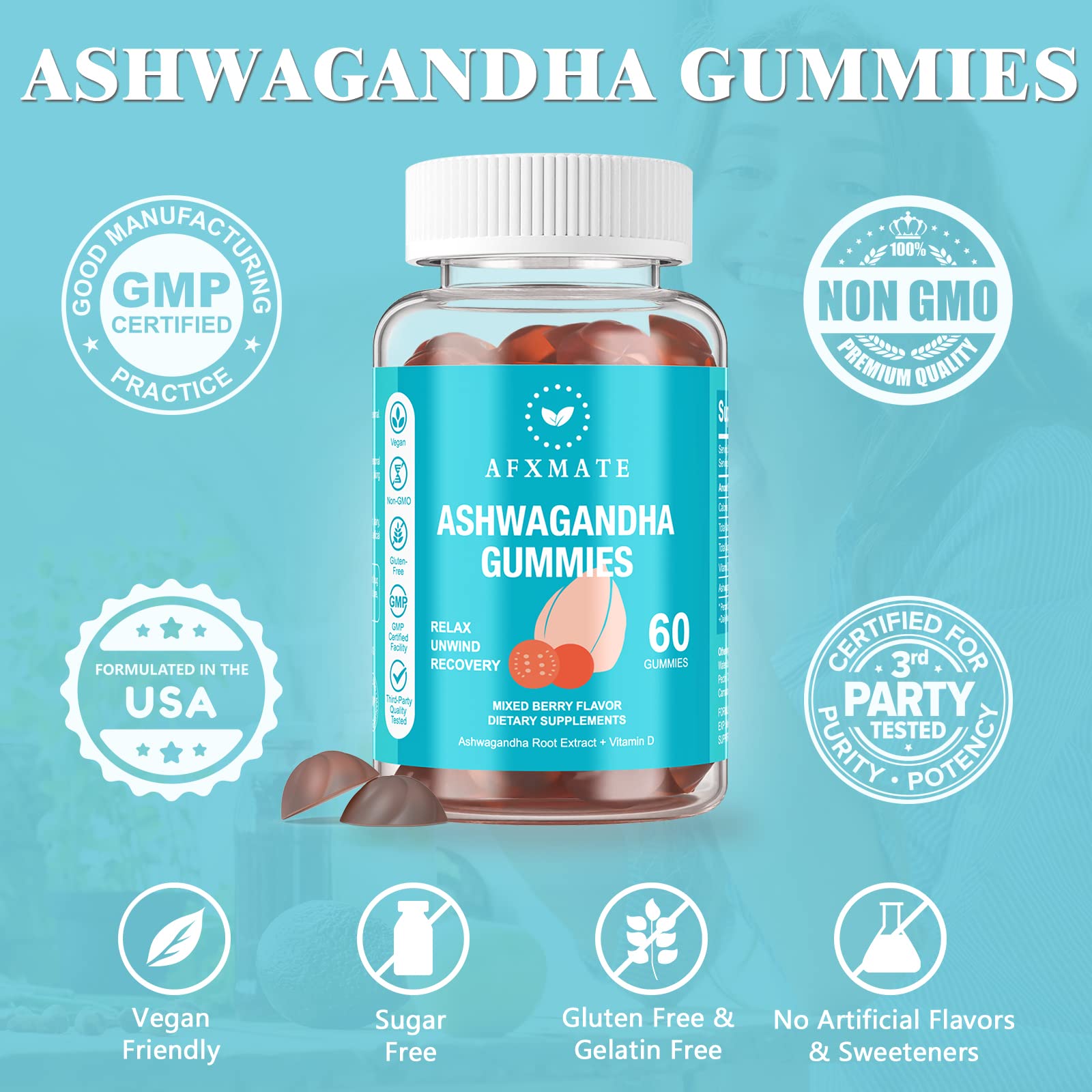 AFXMATE Ashwagandha Gummies & Vitamin D Gummies for Men & Women 120 Count Aswangdha Supplement (Non-GMO, Sugar Free & Gluten Free) AFXMATEBuy Supplements Australia