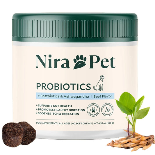 Nira Pet Probiotics for Dogs – 60 Beef-Flavored Chews with Postbiotics, Colostrum, Ashwagandha & Lactobacillus – Supports Gut Health, Immunity, Diarrhea, Gas & Stress Nira PetBuy Supplements Australia