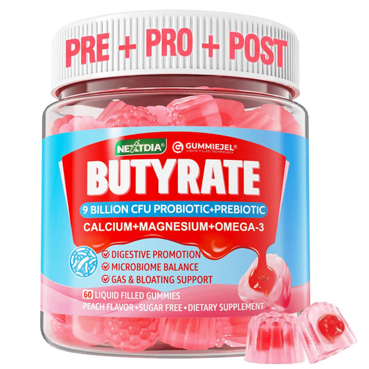 Butyrate Gummies with Probiotic + Prebiotic + Postbiotic, Omega-3 500mg,Fiber with 9 Billion CFU Probiotics, Calcium & Magnesium, Inulin,Psyllium Husk for Digestive Health,Bloating Support,Sugar Free NextdiaBuy Supplements Australia