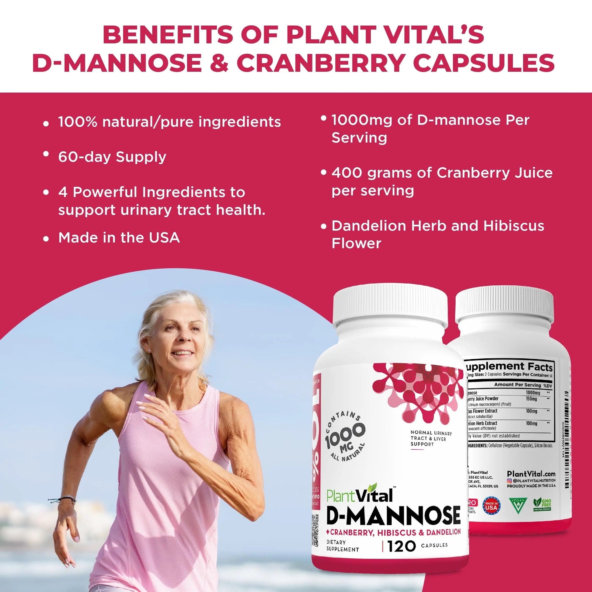 Plantvital D Mannose Capsules with Cranberry - D-mannose 1000mg Capsules - High Potency for Bladder, Kidney and Urinary Tract Support. Cranberry Powder with Hibiscus and Dandelion. 2 Months Supply PlantvitalBuy Supplements Australia