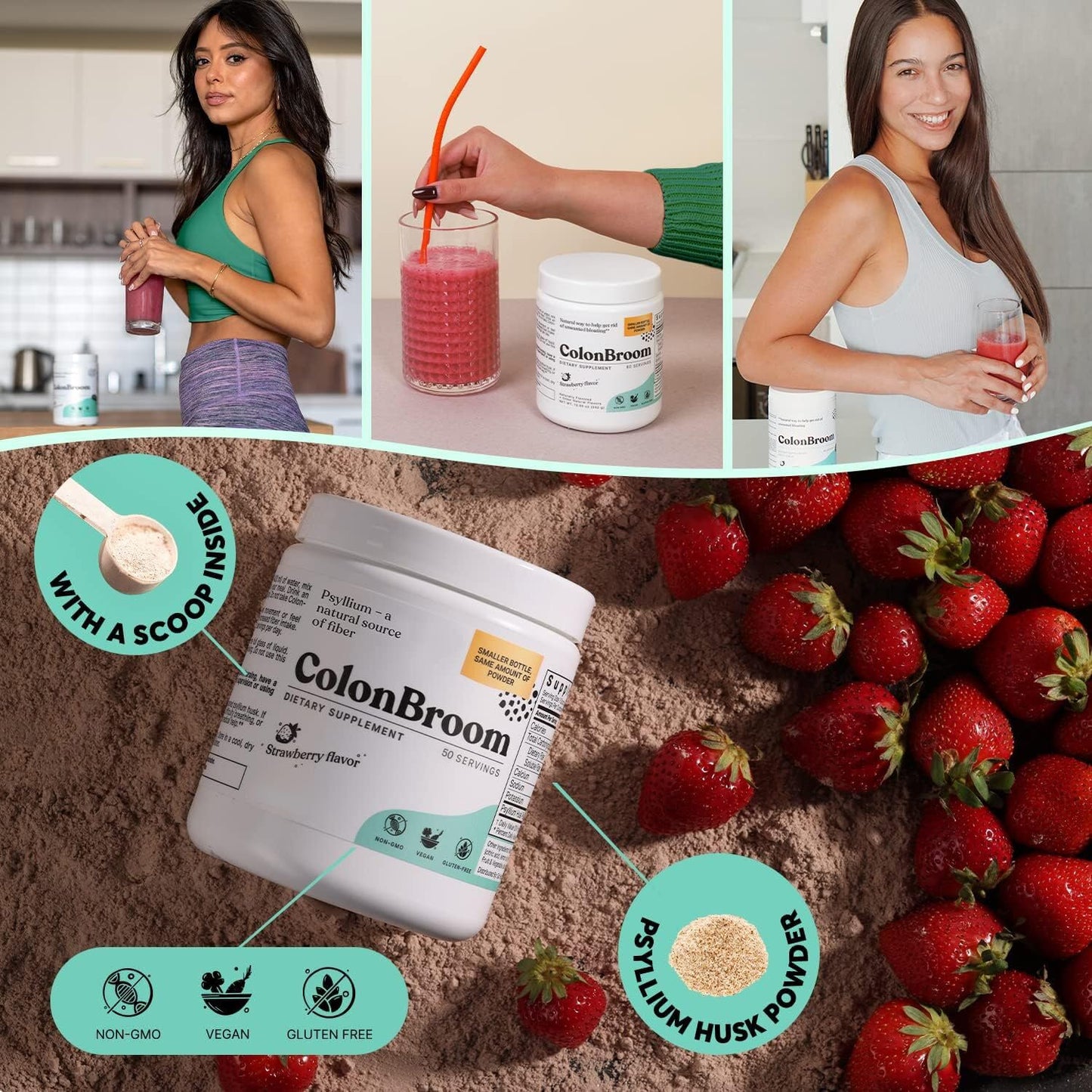 ColonBroom Psyllium Husk Powder (Strawberry) - Colon Cleanse for Bloating Relief & Gut Health - Colon Broom Fiber Powder Drink - Vegan, Gluten Free, Non-GMO Fiber Powder Supplement, 50 Servings ColonBroomBuy Supplements Australia