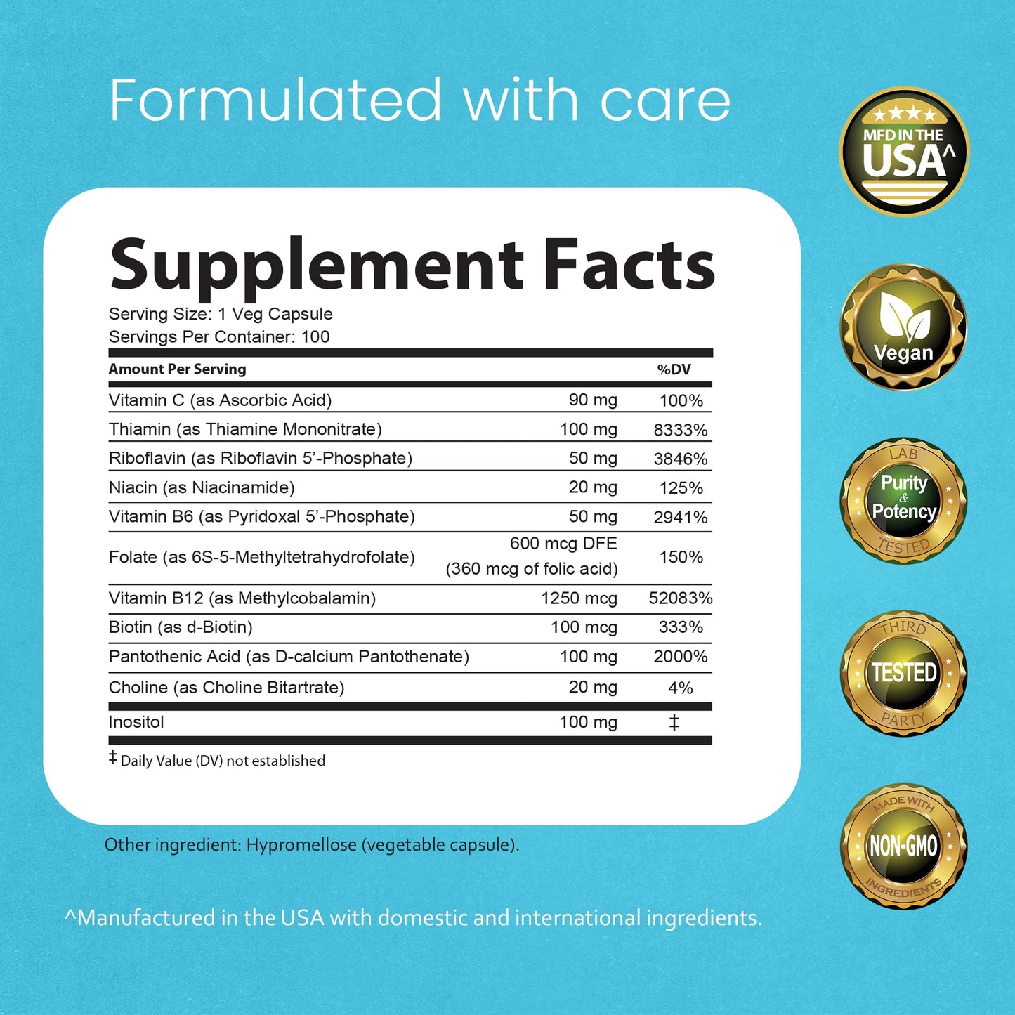 NaturaLife Labs Vitamin B Complex – All B Vitamins Including Active B2, B6, B9 & B12 (Methylcobalamin), Plus B1, B3, B5, B7 & Vitamin C – 100 Capsules