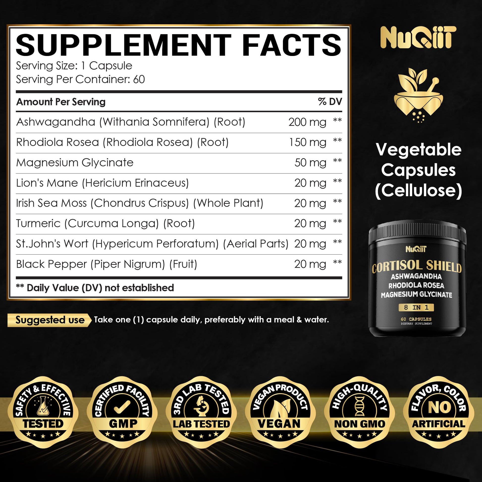 8in1 Cortisol Shield - Ashwagandha and Magnesium, Rhodiola Rosea, Lions Mane, Sea Moss, Turmeric, St Jonh's Wort - Mind& Mood Balance, Rest Well, Support Immume - 60 Capsules NUQIITBuy Supplements Australia