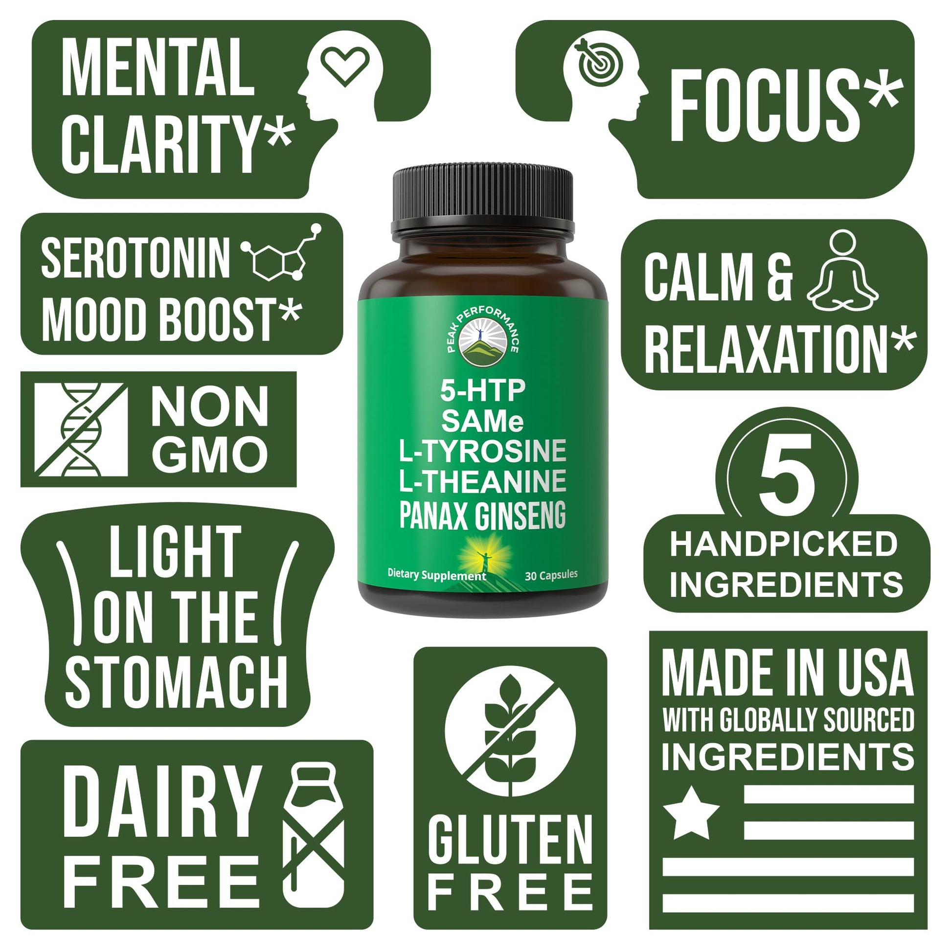 Peak Performance Mood Support Supplement with 5 Top Ingredients: 5HTP, SAM e, L Tyrosine, L Theanine, and Panax Ginseng. Calm, Focus, Relaxation Supplements. Vegan Peak PerformanceBuy Supplements Australia