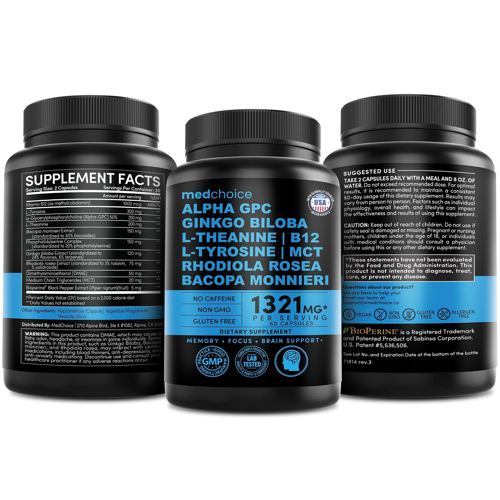 12-in-1 Nootropic Brain Supplement Anhydrous: Ginkgo Biloba for Brain Support, Memory and Focus - B12, Alpha GPC, L Theanine and Choline Supplements with Bioperine non Caffeinated 1321mg (120ct) MEDCHOICEBuy Supplements Australia