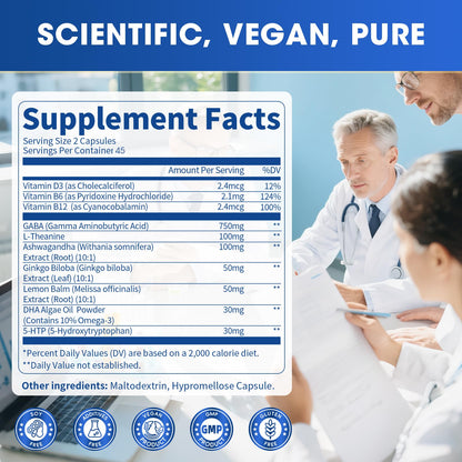 GABA Supplements 750mg with L Theanine, 5HTP, Ashwagandha, Lemon Balm, Ginkgo Biloba, Omega-3, 10 in 1 GABA Calm Capsules for Sleep, Relaxation, Focus, Mood Support, Cortisol Balance - 90CT LukareeBuy Supplements Australia