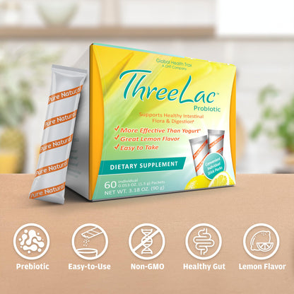 GHT - ThreeLac Lemon Probiotic Drink Mix for Digestive Health - Advanced Probiotic Powder Formula for Men, Women, and Kids - Immune Support & Gut Balance, Non-GMO - 240 Packets ght Global Health TraxBuy Supplements Australia