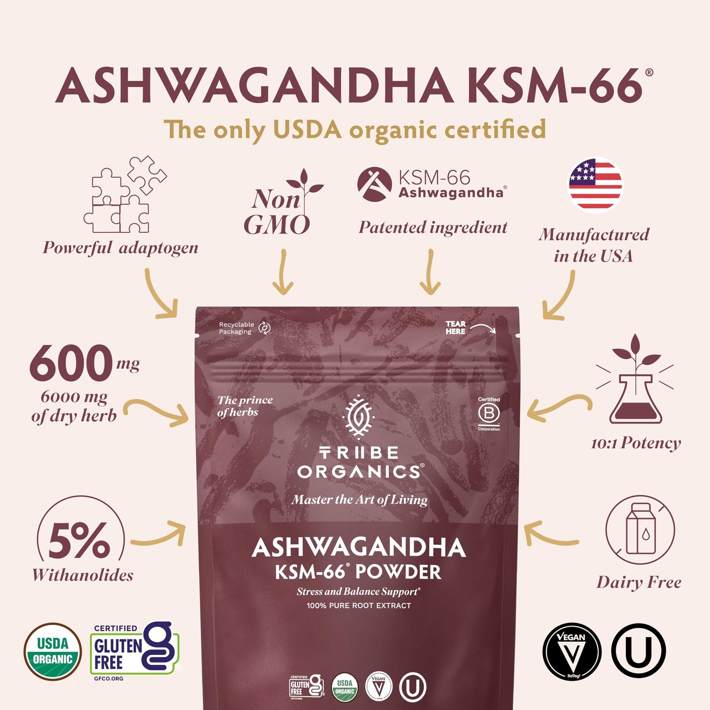 TRIBE ORGANICS KSM-66 Ashwagandha Root Extract Powder Ayurvedic Herb for Mood Support | Increase Energy | Strength - Organic | Natural | Gluten Free | Non GMO | Full-Spectrum - 100g Pouch TRIBE ORGANICSBuy Supplements Australia