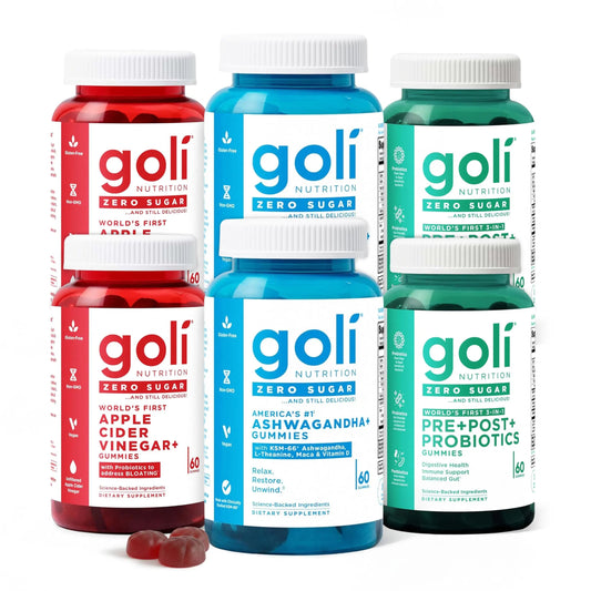 Goli Zero Sugar 6 Pack Bundle - World's First 3-in-1 Pre, Post, Probiotic, Apple Cider Vinegar with Vitamin B12 and Probiotics to Address Bloating, Ashwagandha & L-Theanine, Vitamin D Gummies Goli buy supplements Au