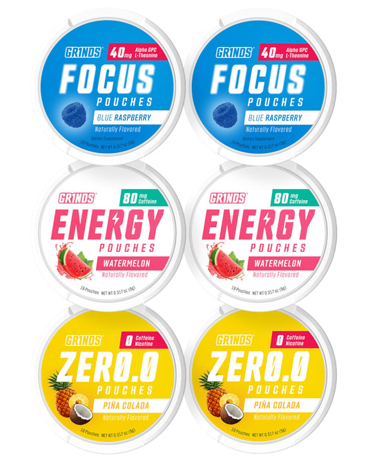 GRINDS Pouches Performance Sampler Pack - Includes Watermelon Energy, Caffeine-Free Piña Colada and Blue Raspberry Nootropic Pouches - Sugar-Free - Zero Calories GRINDSBuy Supplements Australia