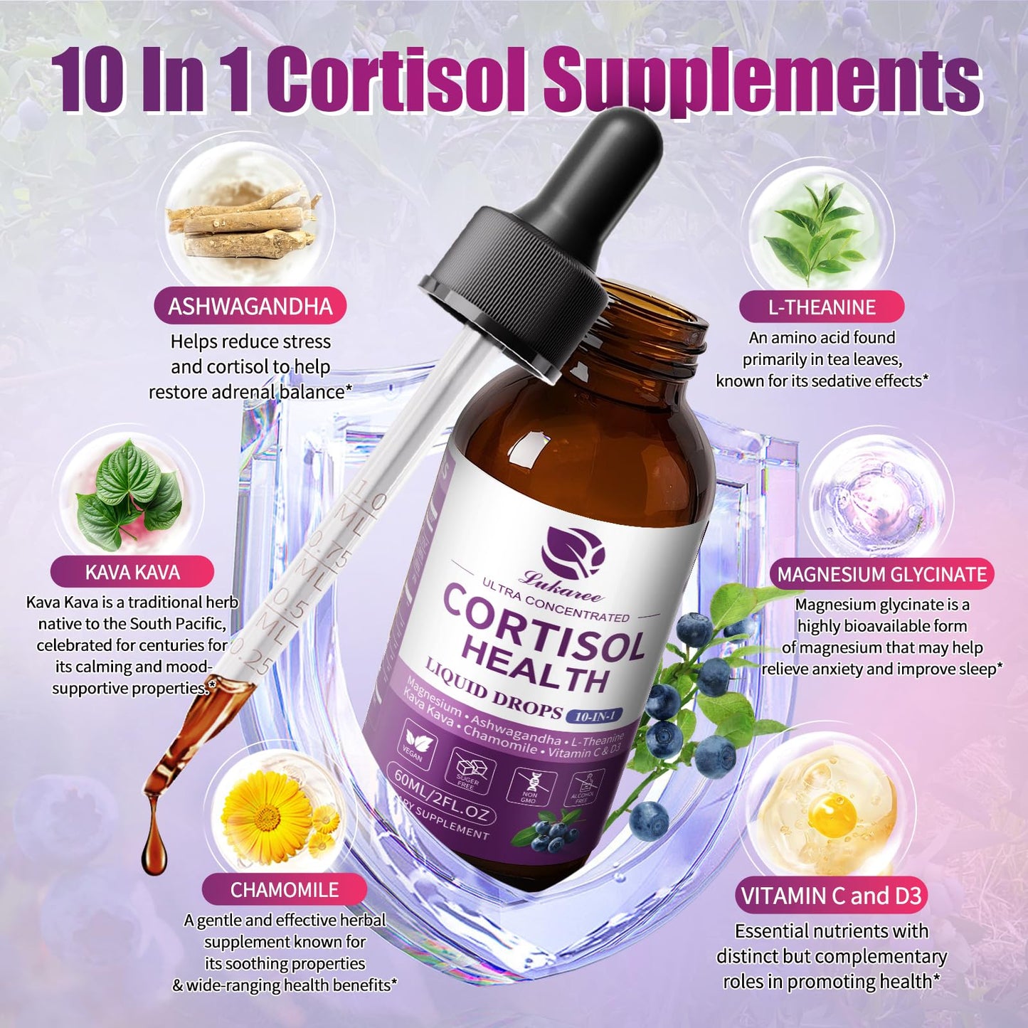 Lukaree Cortisol Supplements for Women, 10 in 1 Cortisol Reducer Detox with Ashwagandha, L-theanine, Kava Kava, Magnesium, Lower Cortisol, Mood, Focus, Sleep Support - 2 FL.OZ, Blueberry Flavor LukareeBuy Supplements Australia