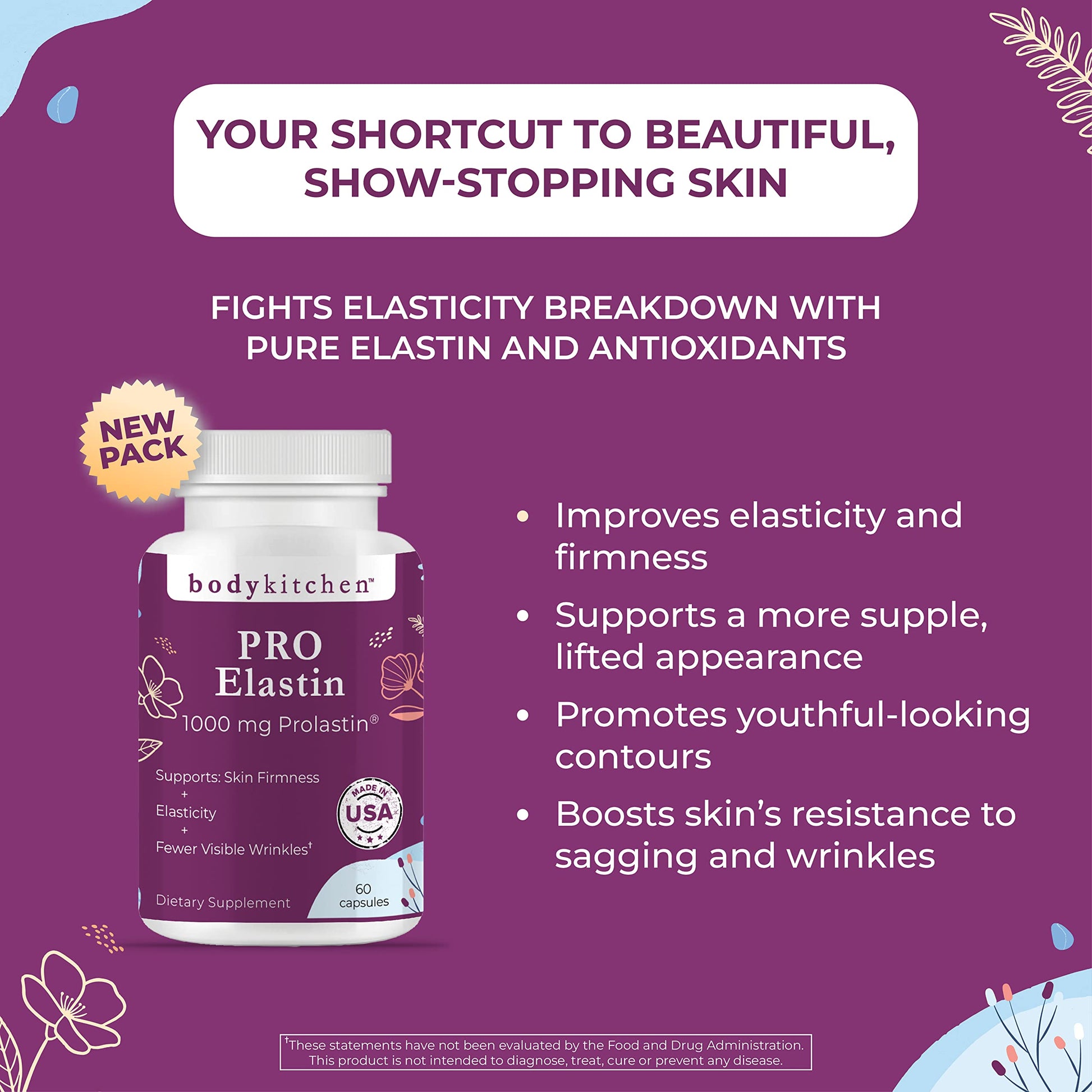 Body Kitchen Pro-Elastin 1000 mg Elastin Supplement, Reduce Signs of Aging, Improved Skin Health, Firmness & Elasticity, Fewer Wrinkles, Veggie Caps (Pack of 3) Body Kitchen buy supplements Au